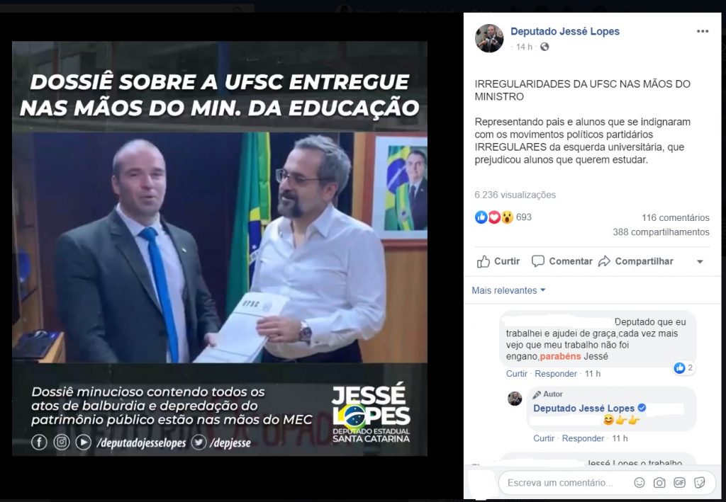 Imagem de post no Facebook da página do deputado Jessé Lopes que mostra o parlamentar e o ministro da Educação, Abraham Weintraub