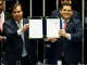 O presidente da Câmara, Rodrigo Maia, e do Senado, Davi Alcolumbre, no ato de promulgação da reforma da previdência